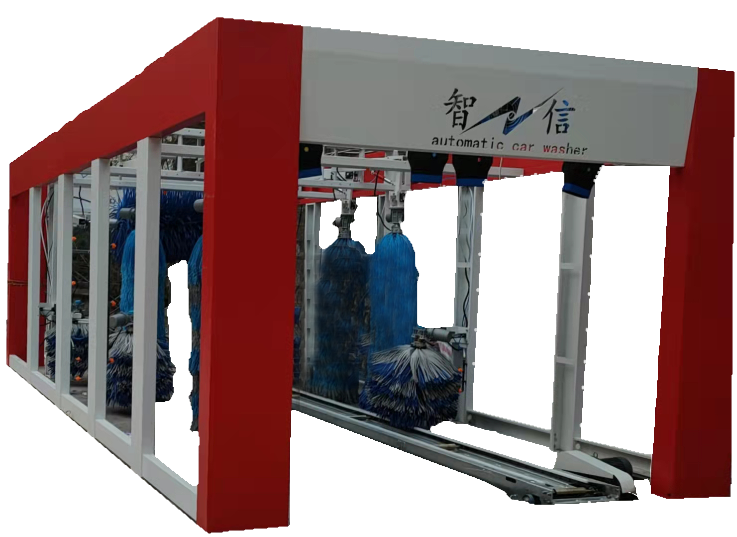 智信隧道式電腦洗車機(jī)主要用于對(duì)各種轎車及中小型面包車的外表進(jìn)行高壓水沖洗、清洗劑洗、刷洗、蠟洗和拋光作業(yè)。當(dāng)車輛被輸送機(jī)送入洗車房后，首先由固定式高壓水刀完全沖掉附于車體上的微小砂礫及灰塵；再經(jīng)噴淋發(fā)泡清洗液和多組高檔洗車機(jī)專用刷滾對(duì)車輛表面及輪轂作全方位包裹清洗.產(chǎn)品特點(diǎn)：